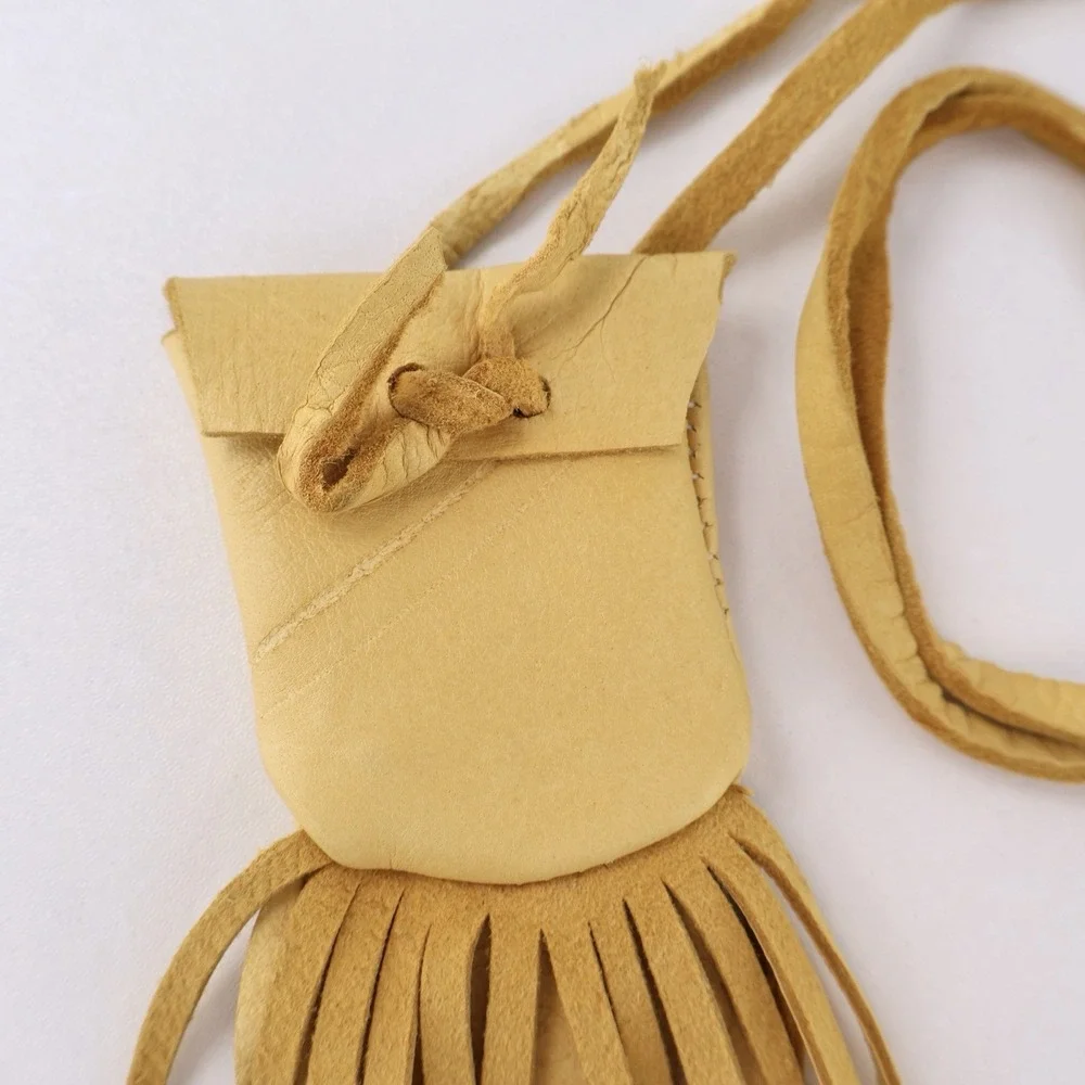 Handmade Buckskin Leather Medicine Bag Necklace Fringed Pouch Tan Leather 19